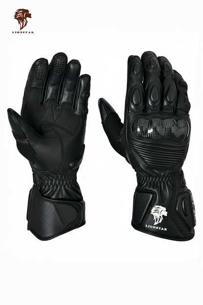 A display of Lionstar Apex leather motorcycle gloves in black color, featuring CE-approved armor for kids and adult riders