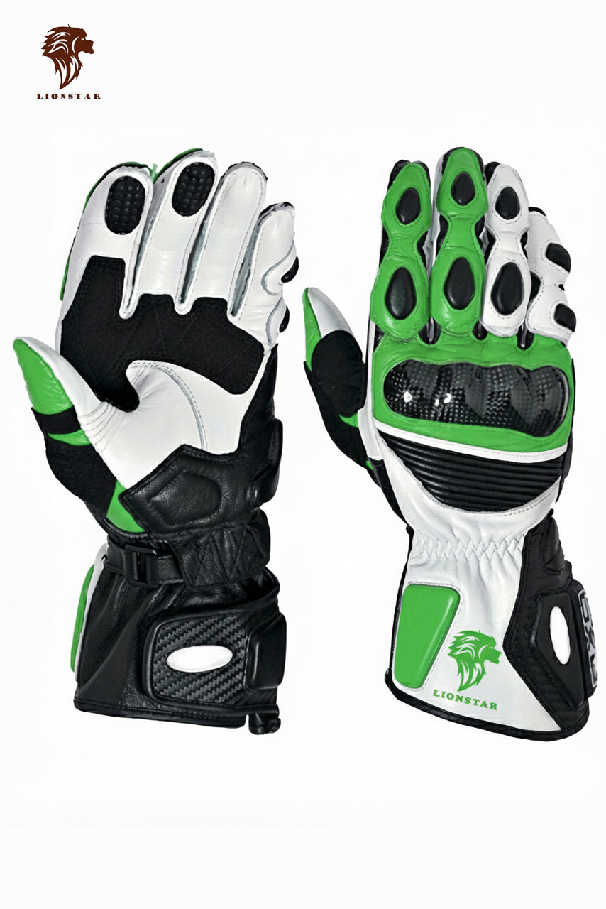 A display of Lionstar Apex leather motorcycle gloves in green color, featuring CE-approved armor for kids and adult riders