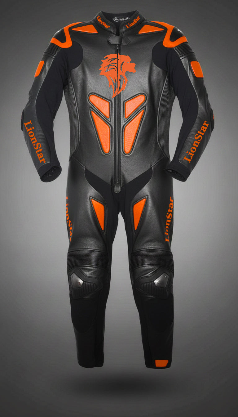Lionstar Apex Kids Leather Mini Moto Racing Suit in black and orange with CE approved armor