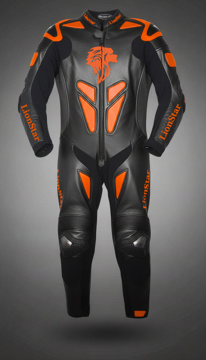 Lionstar Apex Kids Leather Mini Moto Racing Suit in black and orange with CE approved armor
