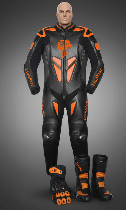 Lionstar Apex Kids Leather Mini Moto Racing Suit in black and orange set with CE approved armor