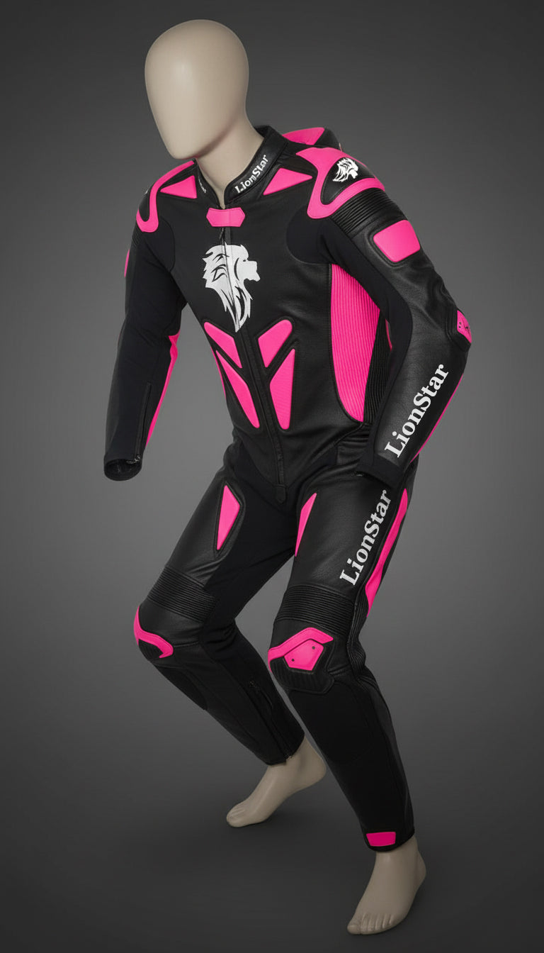 Lionstar Apex Kids Leather Mini Moto Racing Suit in black and pink with CE approved armor
