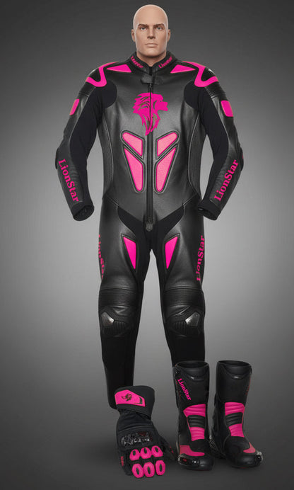 Lionstar Apex Kids Leather Mini Moto Racing Suit in black and pink set with CE approved armor