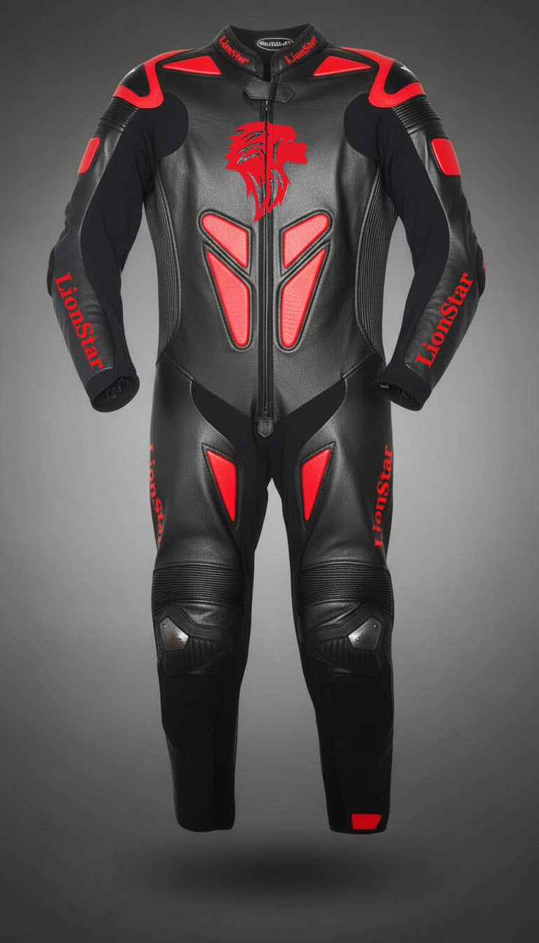 Lionstar Apex Kids Leather Mini Moto Racing Suit in black and red with CE approved armor
