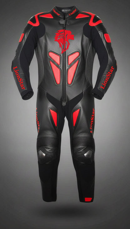 Lionstar Apex Kids Leather Mini Moto Racing Suit in black and red with CE approved armor
