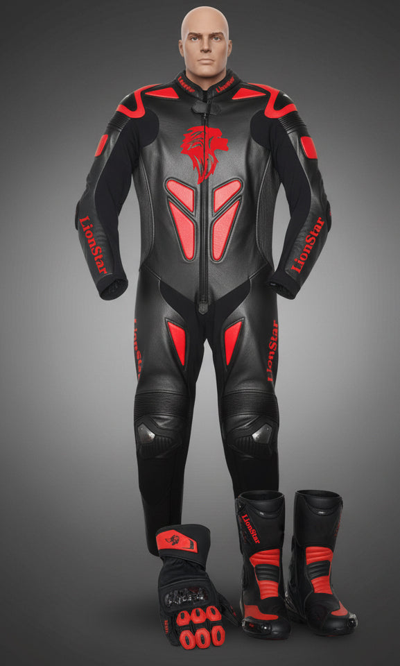Lionstar Apex Kids Leather Mini Moto Racing Suit in black and red set with CE approved armor