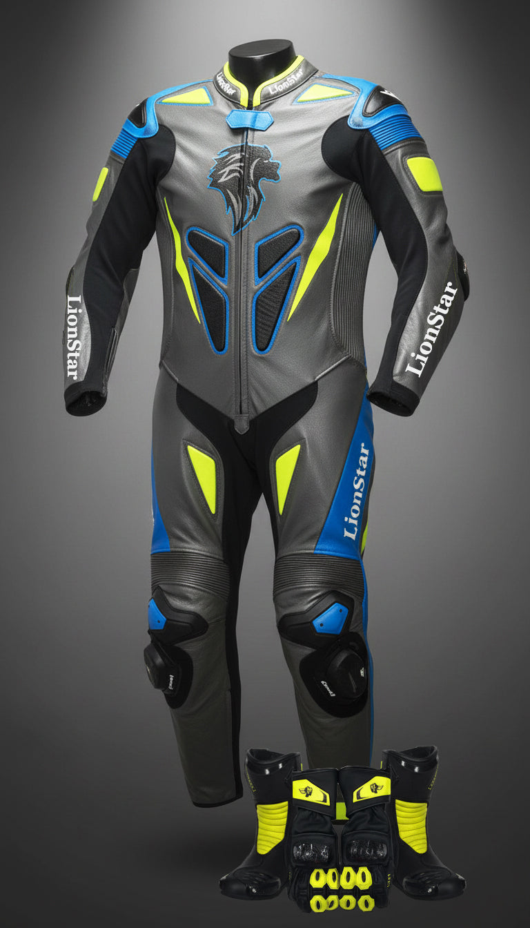 Lionstar Apex Kids Leather Mini Moto Racing Suit in black and yellow set with CE approved armor