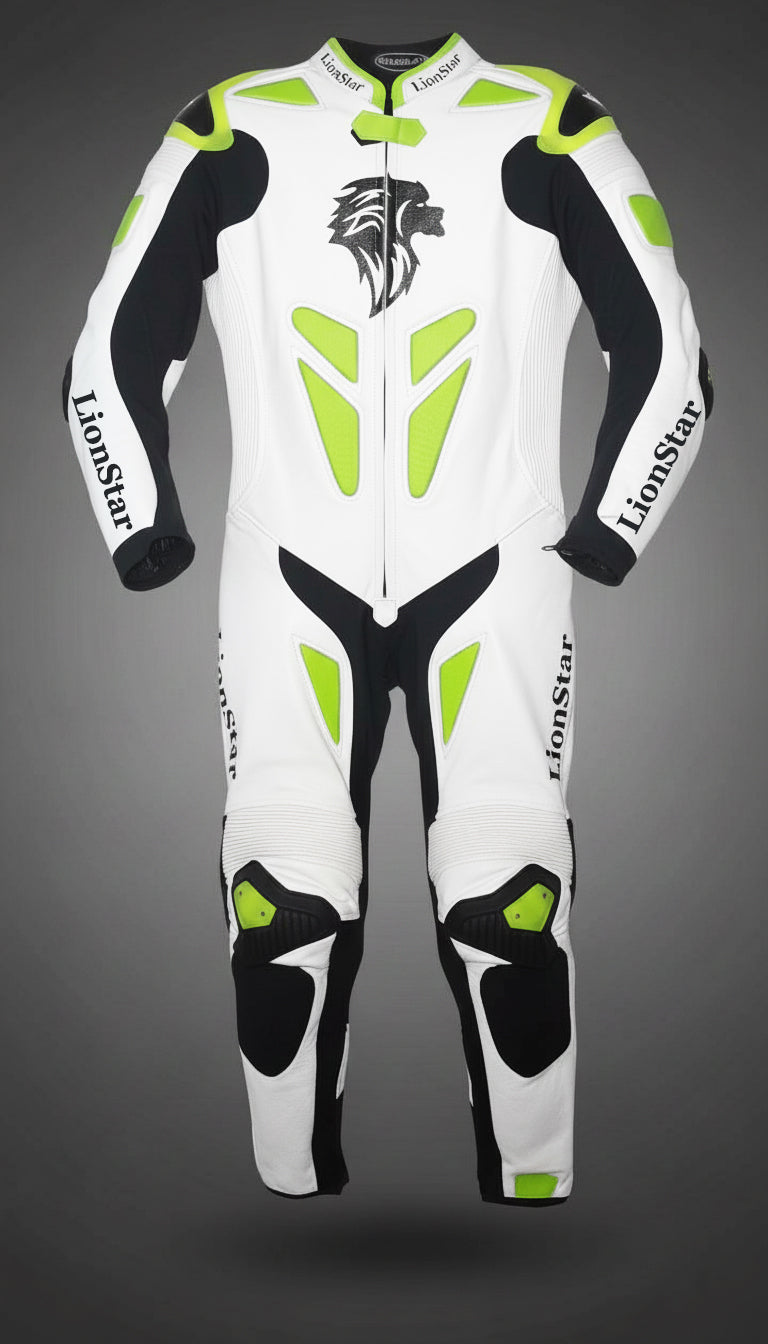 Lionstar Apex Kids Leather Mini Moto Racing Suit in white and neon yellow with CE approved armor