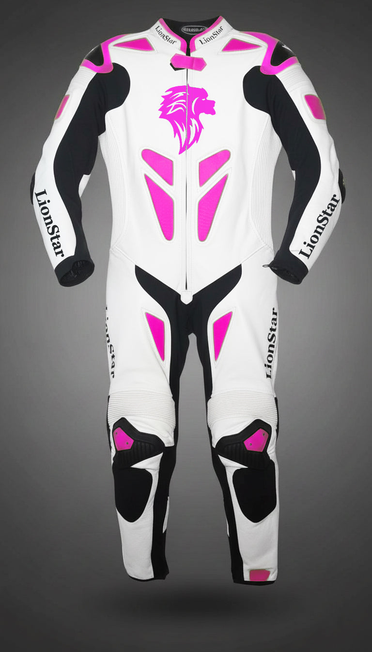 Lionstar Apex Kids Leather Mini Moto Racing Suit in white and pink with CE approved armor