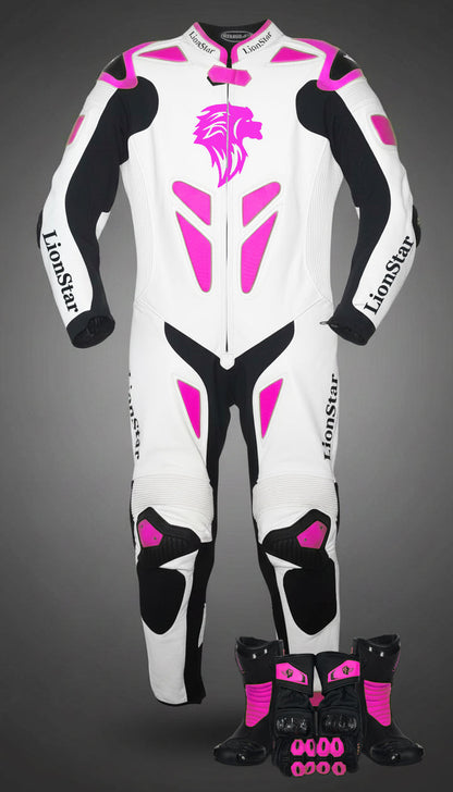 Lionstar Apex Kids Leather Mini Moto Racing Suit in white and pink set with CE approved armor