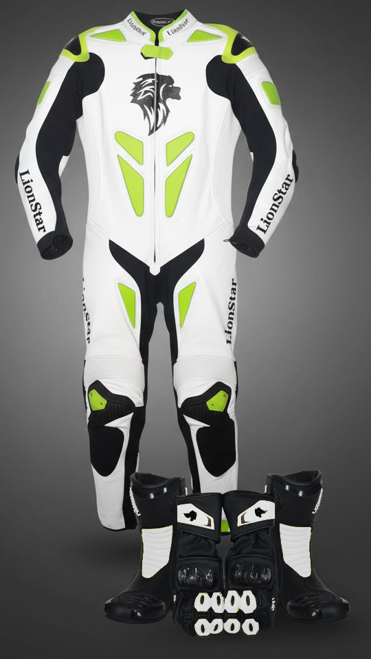 Lionstar Apex Kids Leather Mini Moto Racing Suit in white & yellow full set with CE approved armor