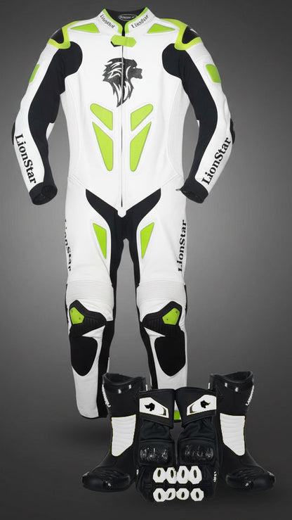 Lionstar Apex Kids Leather Mini Moto Racing Suit in white & yellow full set with CE approved armor
