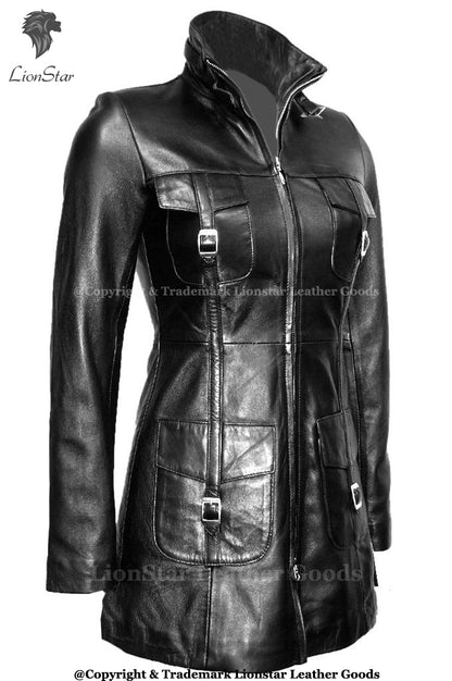 Lionstar Ladies Genuine Sheep Leather 3/4 Length Coat – Handmade Black Leather