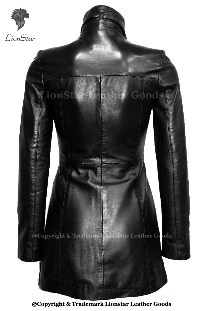 Lionstar Ladies Genuine Sheep Leather 3/4 Length Coat – Handmade Black Leather