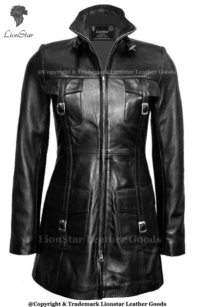 Lionstar Ladies Genuine Sheep Leather 3/4 Length Coat – Handmade Black Leather