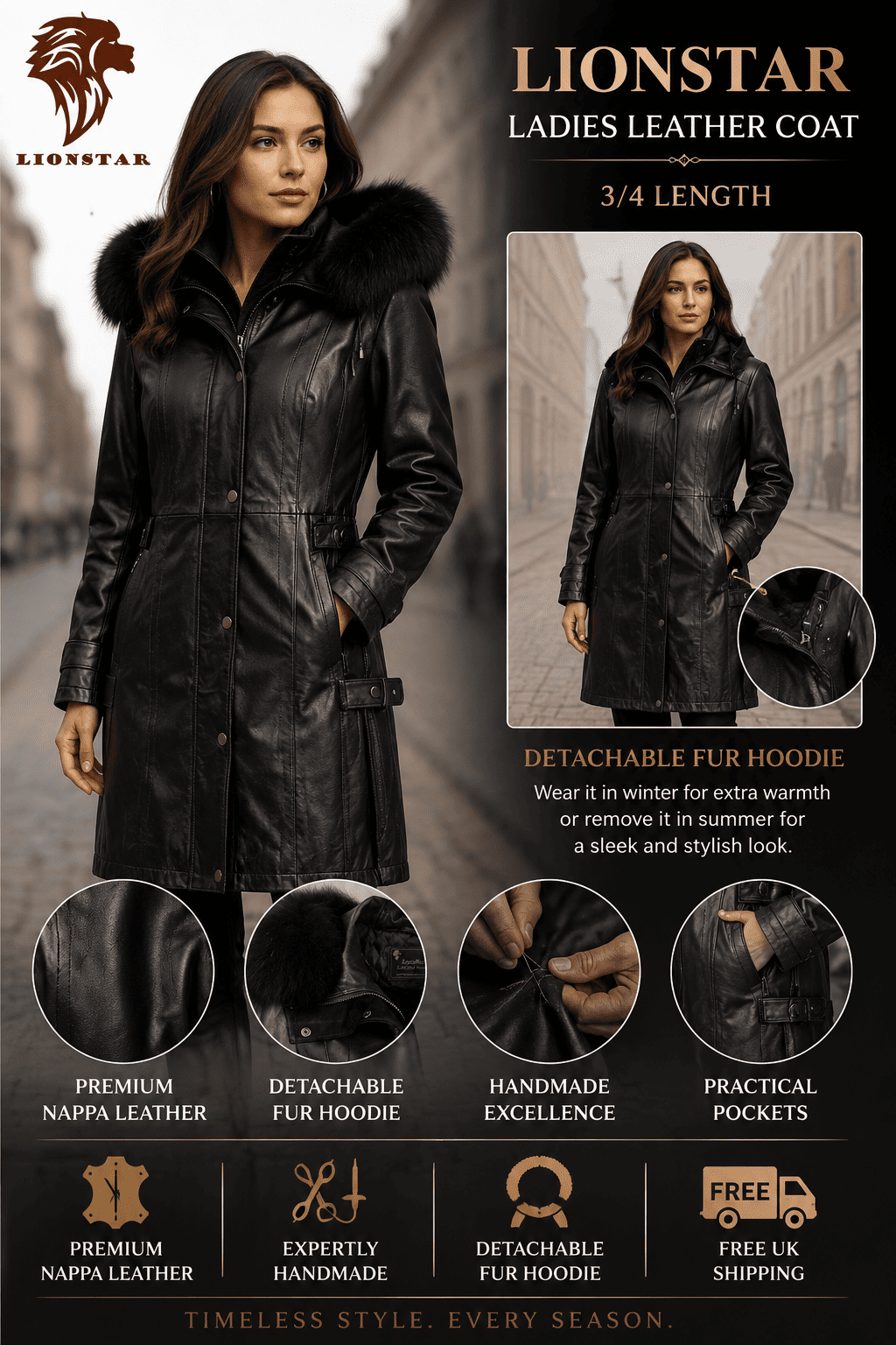 A promotional graphic for a Lionstar ladies leather coat. The main subject is a woman wearing a black leather coat with a detachable fur hoodie, shown against a blurred street background.