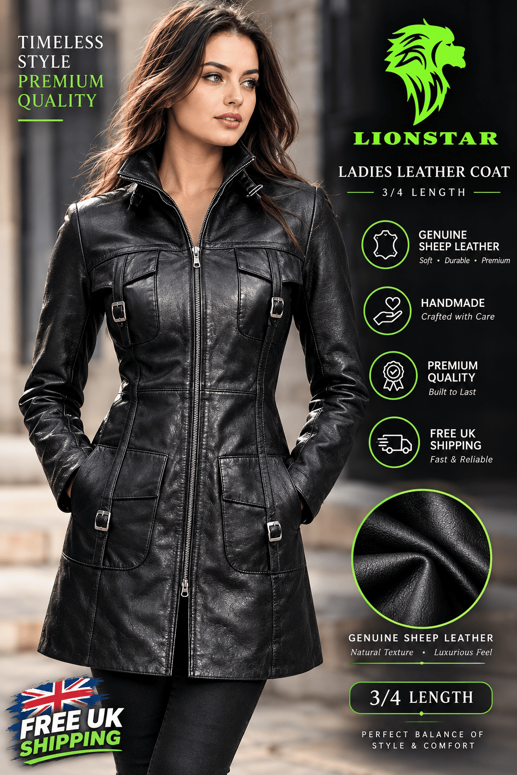 A woman modeling a black leather coat with a front zipper and multiple flap pockets, set against a blurred street background. The image includes promotional text and logos for 'Lionstar' leather coat, showing features like genuine sheep leather, handmade quality, premium shipping, and a fabric close-up inset.