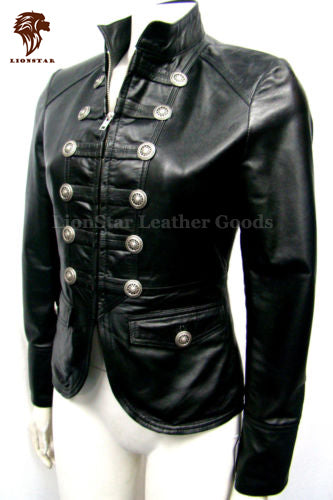 Black leather jacket with button details on a mannequin, branded 'Lionstar Leather Goods'.
