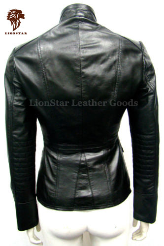Black leather jacket on a mannequin with LionStar Leather Goods branding.