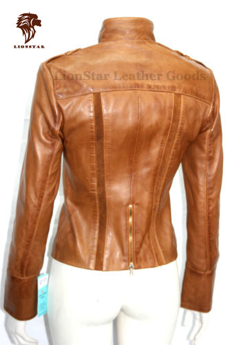 Brown leather jacket on a mannequin with LionStar Leather Goods branding.