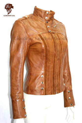 Brown leather jacket with button details on a white background, featuring Lionstar branding.
