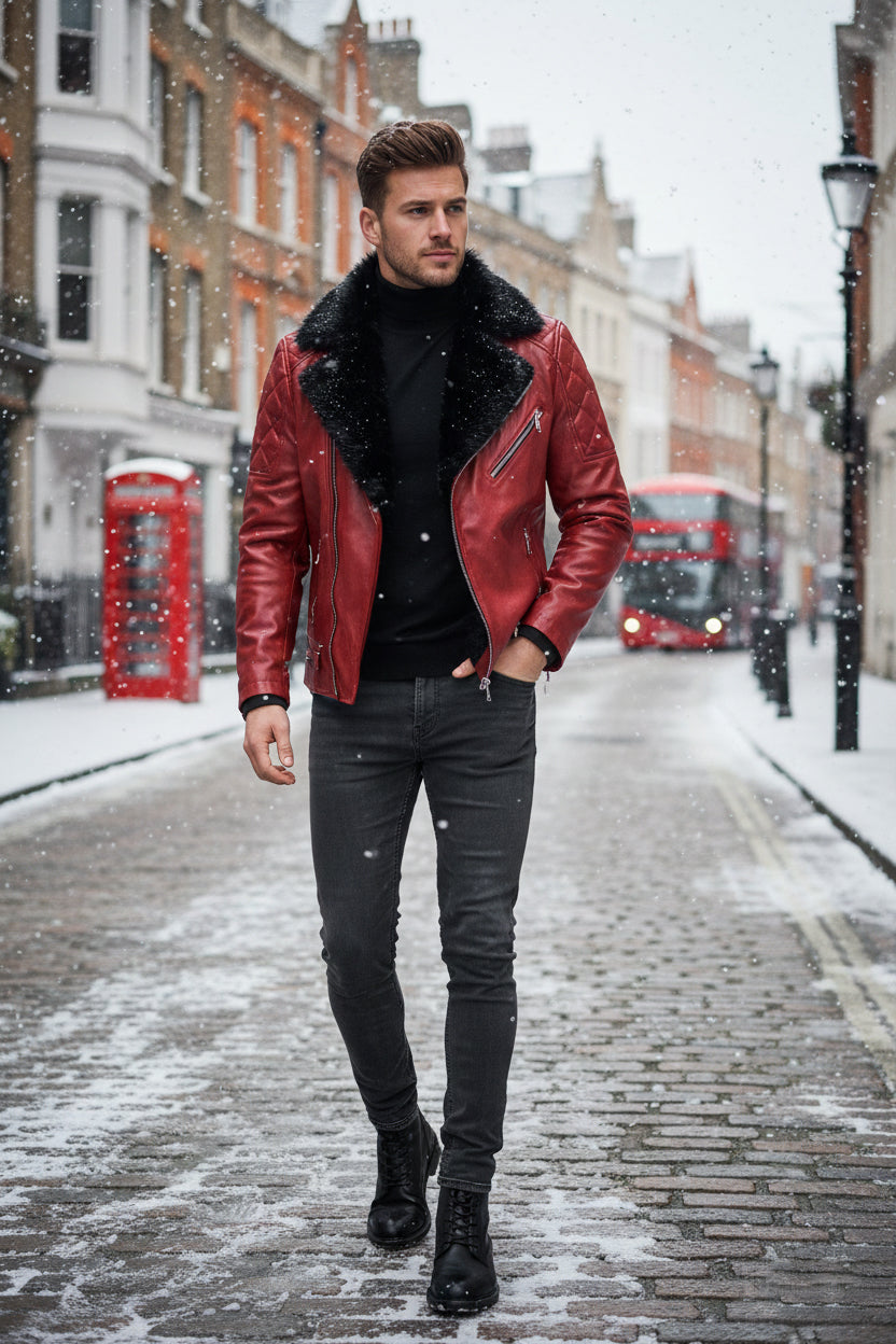 Man wearing a red leather jacket with fur lining in a snowy street.