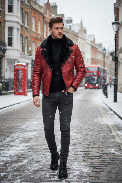 Man wearing a red leather jacket with fur lining in a snowy street.