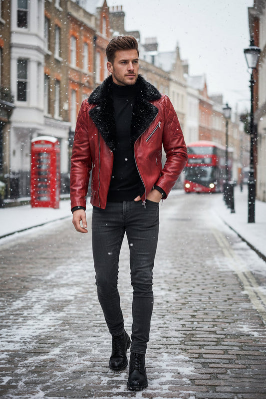 Man wearing a red leather jacket with fur lining in a snowy street.