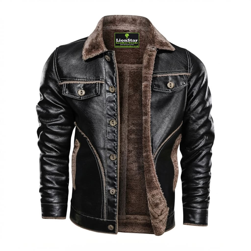 Lionstar Men's Genuine Cowhide Leather Winter Jacket with Fur Lining – Brown & Black