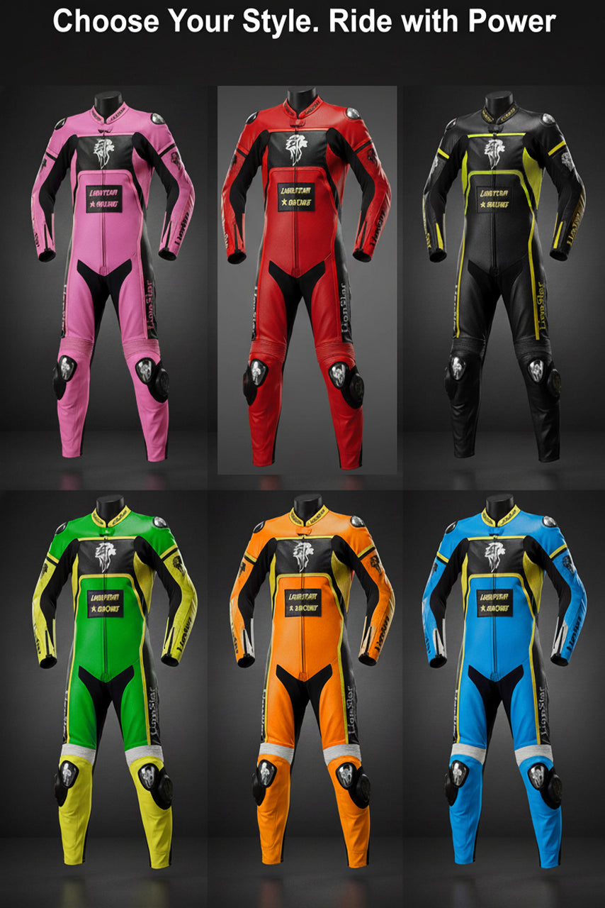 Collection of colorful motorcycle suits with brand logos on a dark background.