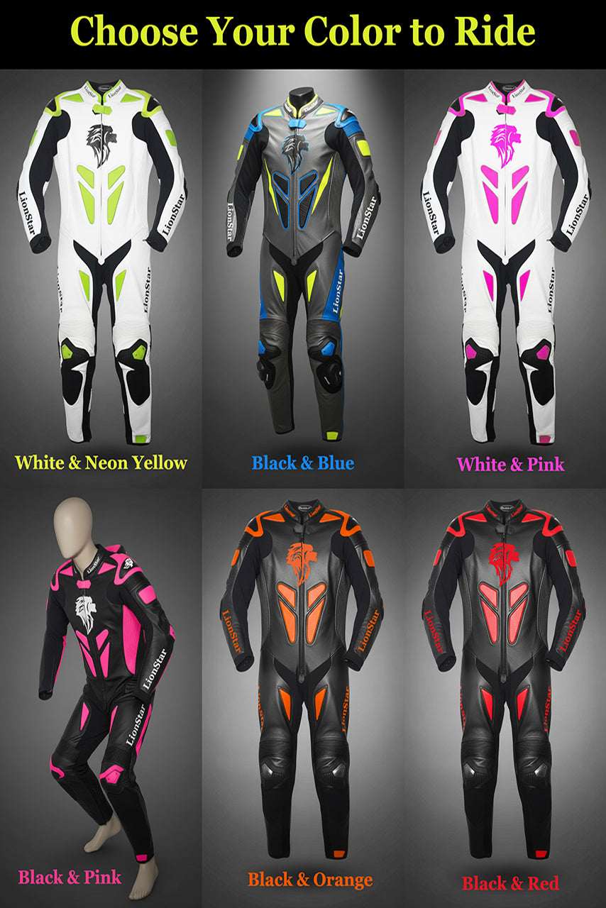 Motorcycle suits in various colors with text 'Choose Your Color to Ride' on a gray background.