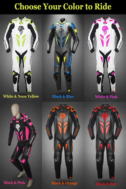 Motorcycle suits in various colors with text 'Choose Your Color to Ride' on a gray background.