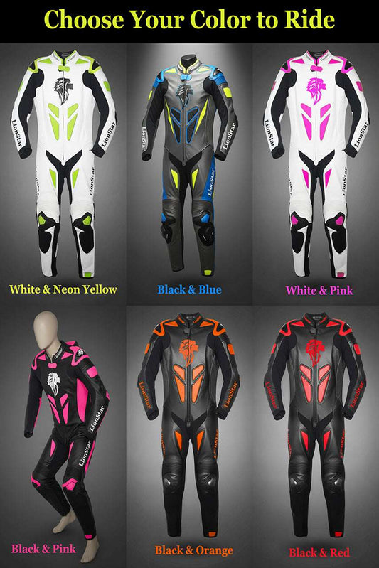 Motorcycle suits in various colors with text 'Choose Your Color to Ride' on a gray background.