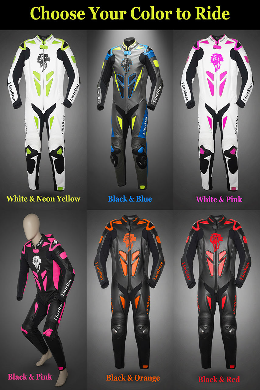 Motorcycle suits in various colors with text 'Choose Your Color to Ride' on a gray background.