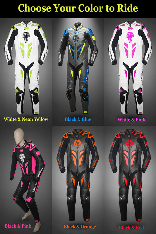 Motorcycle suits in various colors with text 'Choose Your Color to Ride' on a gray background.
