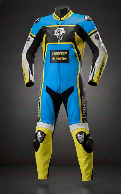 Motorcycle racing suit with blue, black, and yellow design on a dark background