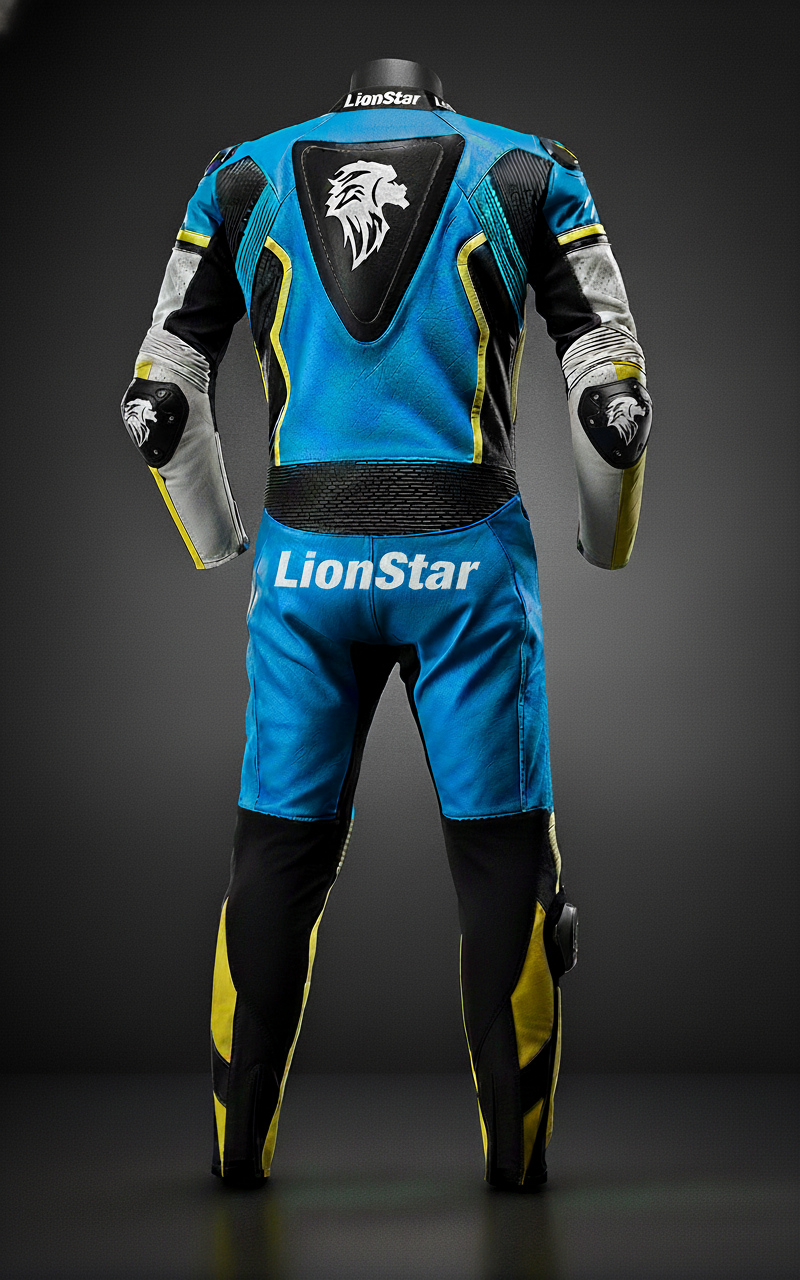 Motorcycle racing suit with LionStar branding on a dark background