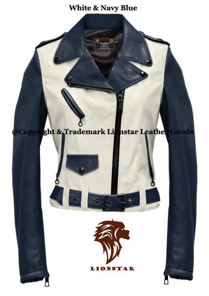 Ladies genuine leather jacket blue