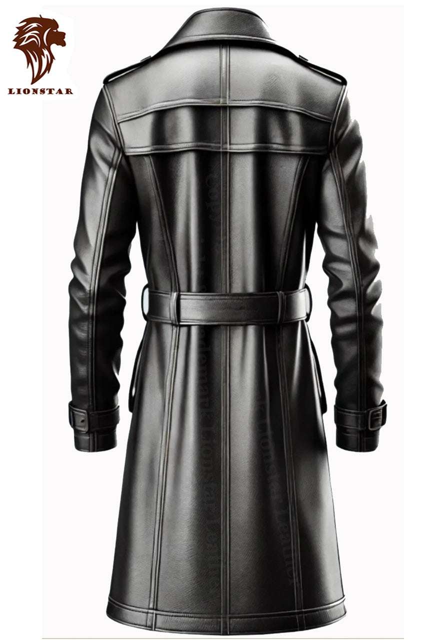 Men Trench Leather Coat Back