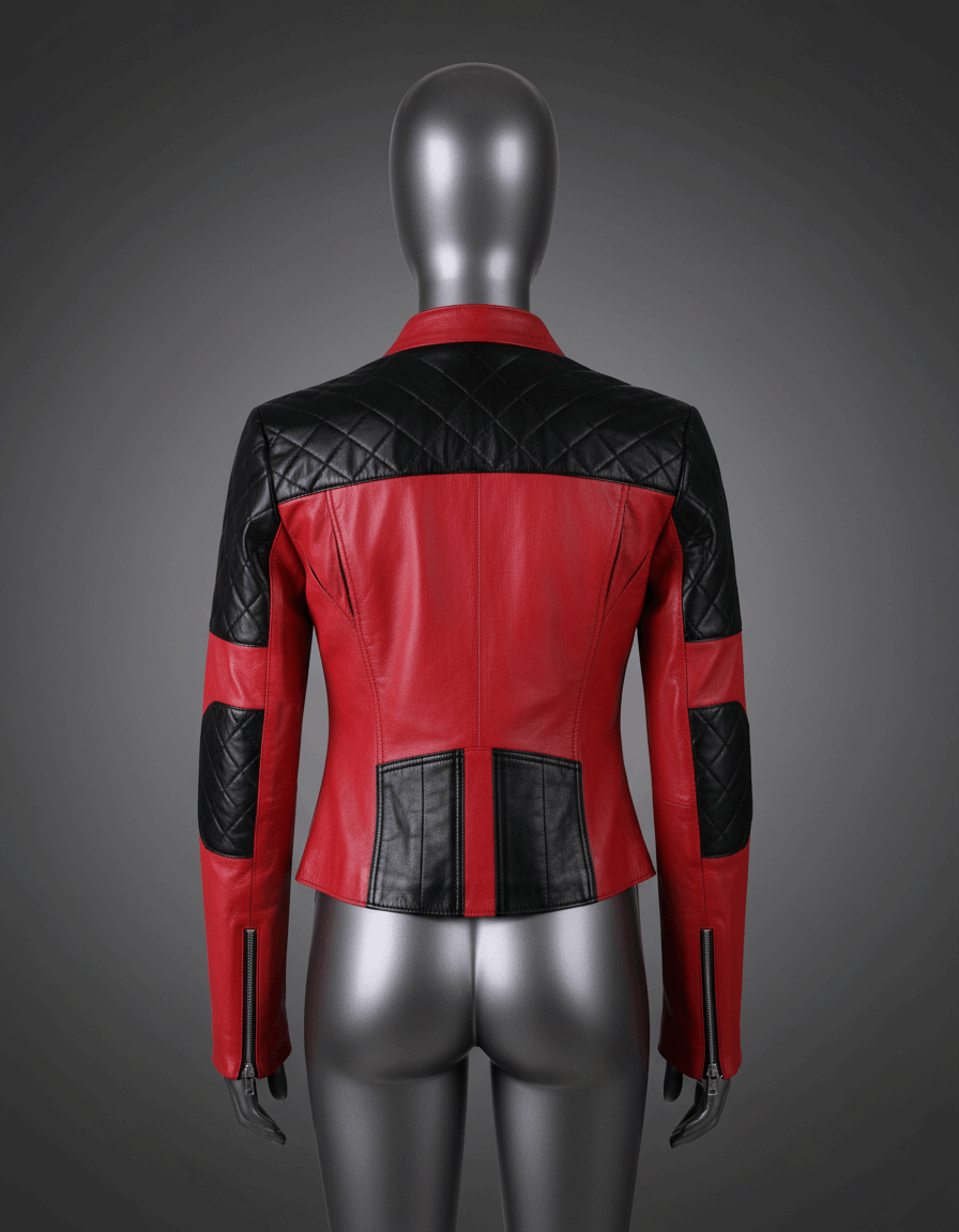 Red and black quilted leather jacket on a mannequin against a gray background