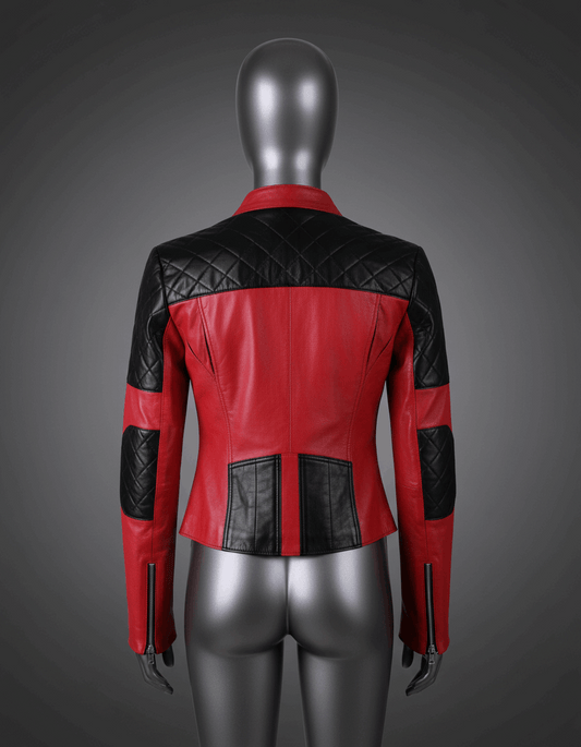 Red and black quilted leather jacket on a mannequin against a gray background