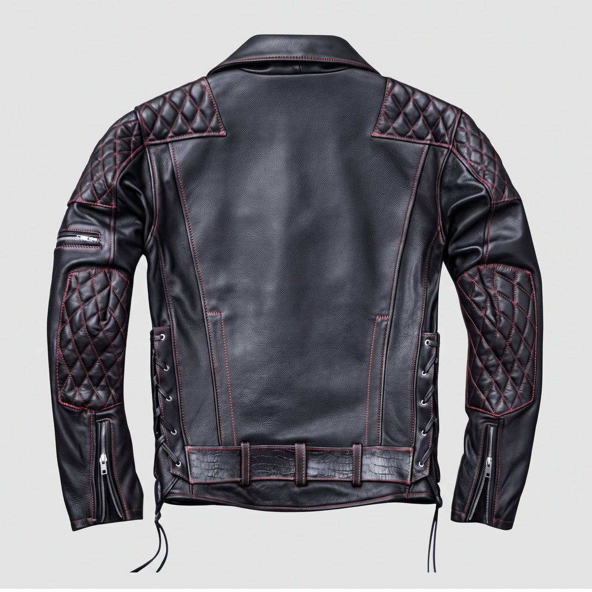Lionstar Men's Black Genuine Cowhide Leather Café Racer Biker Jacket – Red Stitching