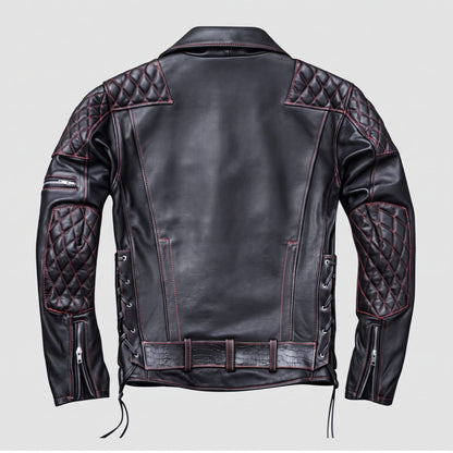 Lionstar Men's Black Genuine Cowhide Leather Café Racer Biker Jacket – Red Stitching