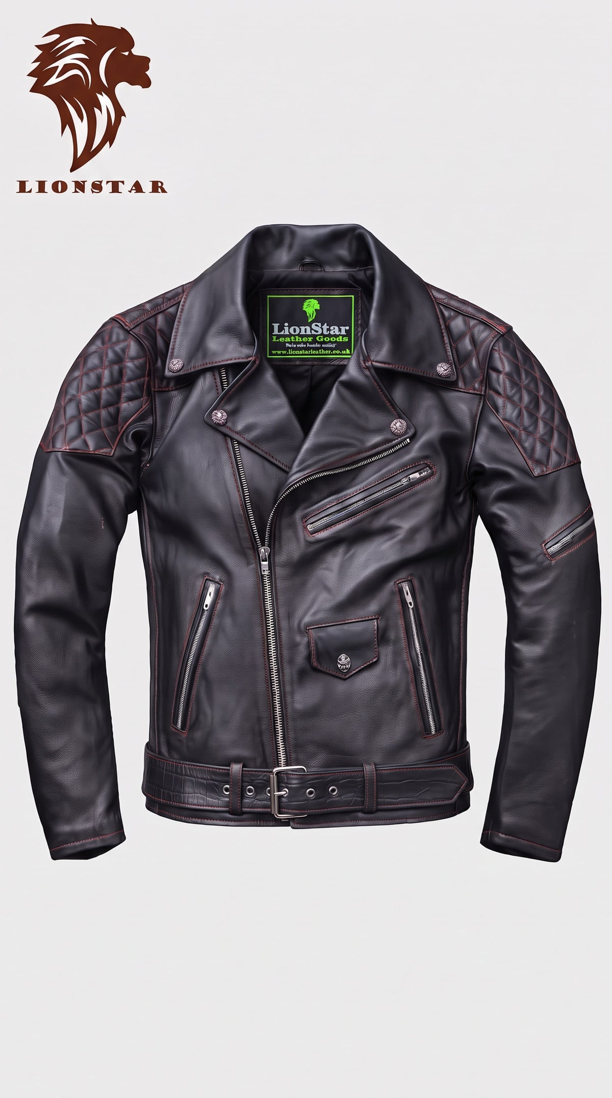 Lionstar Men's Black Genuine Cowhide Leather Café Racer Biker Jacket – Red Stitching