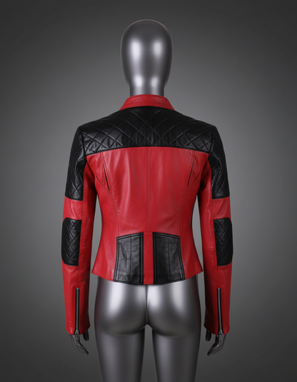Red and black quilted leather jacket on a mannequin against a gray background