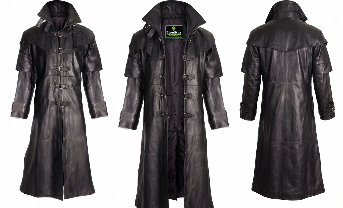 Men's Real Sheep Leather Gothic Vampire Long Trench Coat – Black Steampunk Duster Jacket