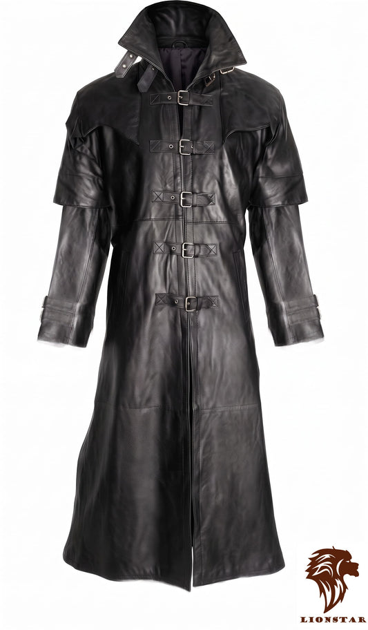 A long black Real leather or leather trench coat with a high collar, front zipper, and multiple buckle strap details on the chest and waist, shown against a plain white background. A Lionstar logo is visible in the bottom right corner.
