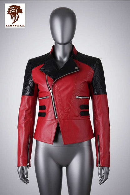 Red leather jacket with black accents on a mannequin against a gray background, featuring the Lionstar brand.