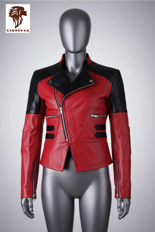 Red leather jacket with black accents on a mannequin against a gray background, featuring the Lionstar brand.