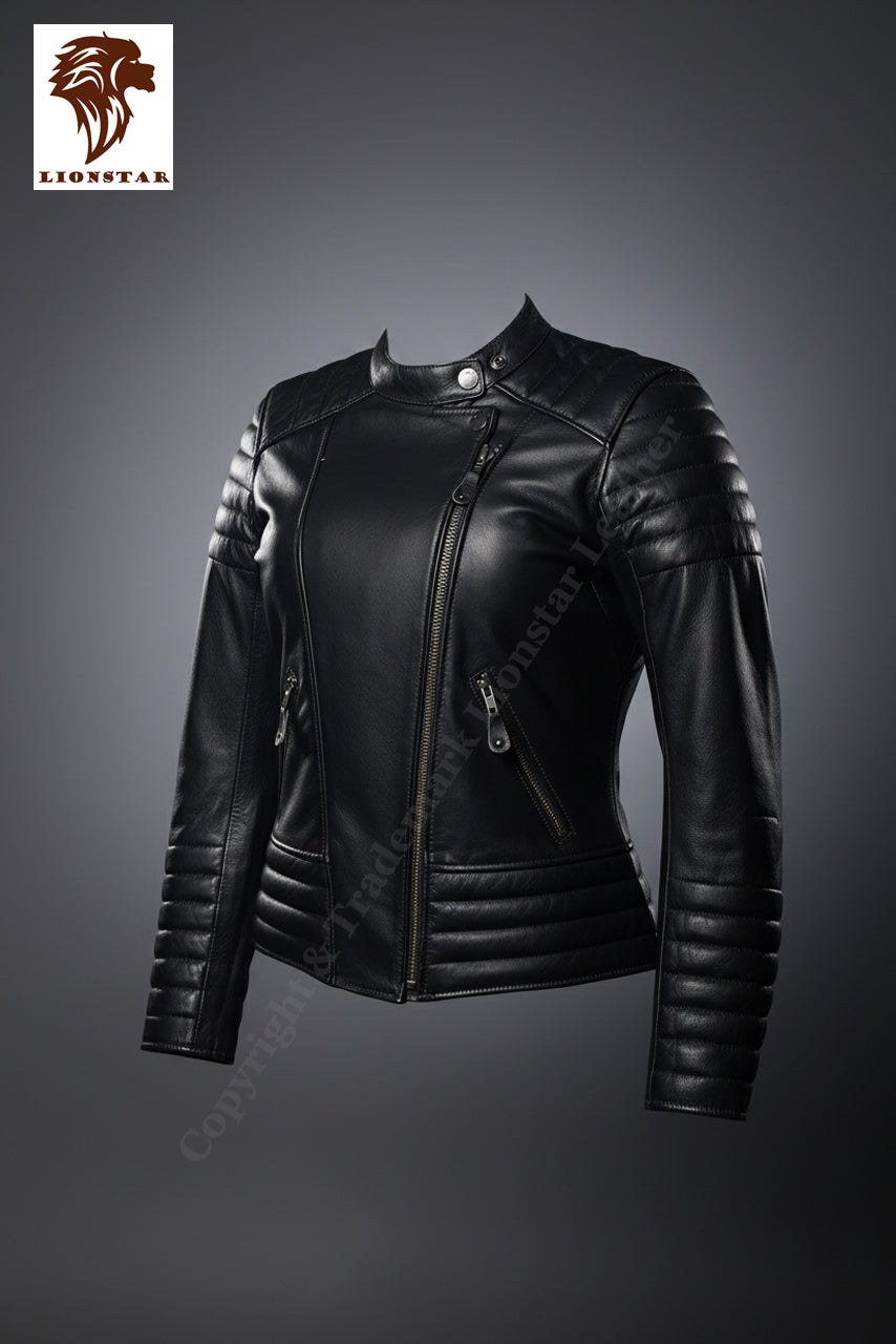 Black leather jacket on a gray background with Lionstar logo.